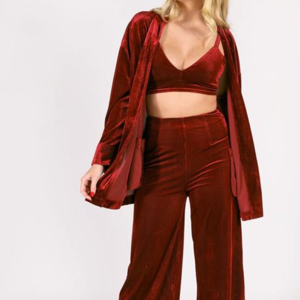 burgundy 3 piece blazer set